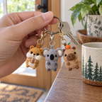 An adult hand holding house keys with small hamster, koala and capybara crochet charms on reinforced yarn loops and split rings.
