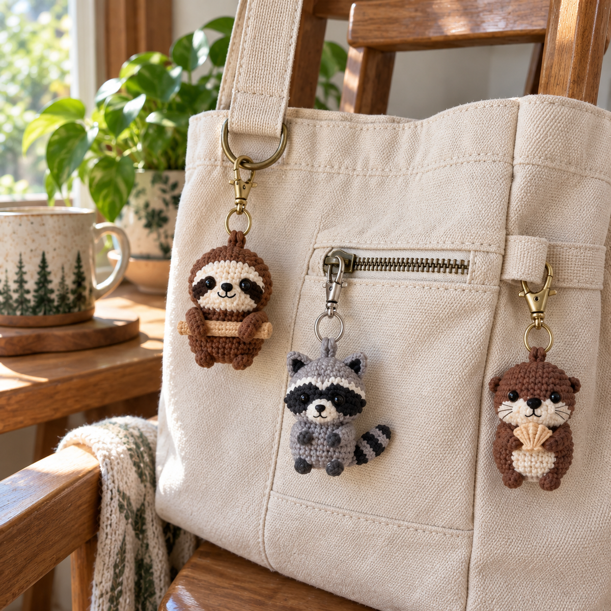 A sloth, raccoon and otter crochet charm hanging from a canvas tote in bright everyday window light; the sloth hugs a crochet branch and the otter holds a shell.