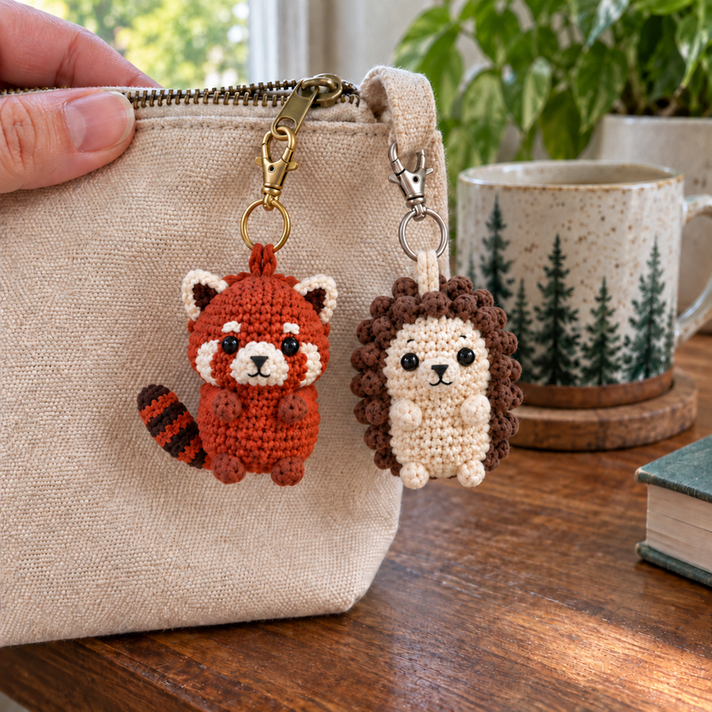 Close view of small red panda and hedgehog crochet charms hanging beside a tote pocket, showing ivory face markings, a ringed tail and soft brown bobble spines.