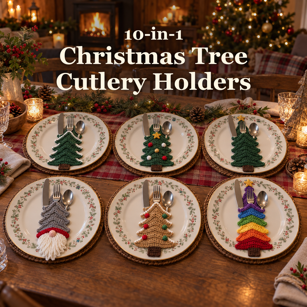 10-in-1 Christmas Tree Cutlery Holders title above six festive crochet holders with silverware on dinner plates.