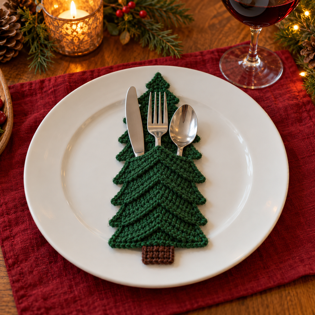 Green crochet Christmas tree cutlery pocket holding a knife, fork and spoon on a white dinner plate with red linen.