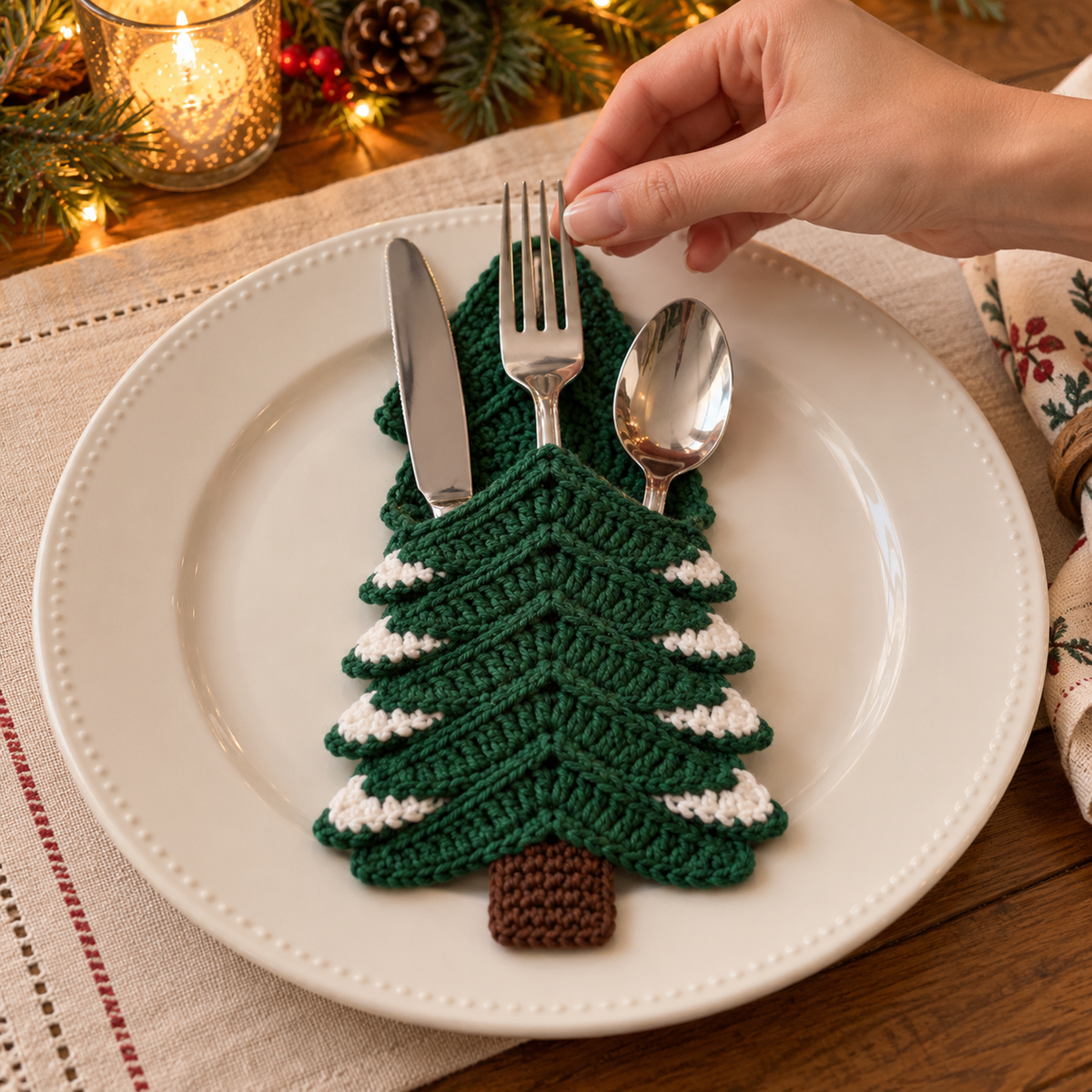 An adult hand placing a fork into a green crochet tree pocket with white branch edging; a knife and spoon are already inside.
