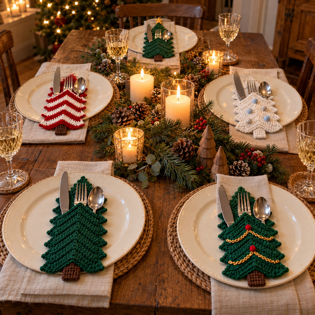 Five Christmas place settings with green, garland, striped, white and star-topped crochet tree cutlery holders.