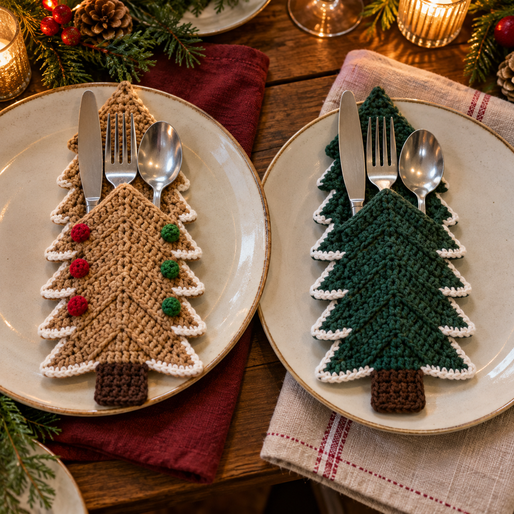 Tan Gingerbread and green Snowy Pine crochet cutlery holders with white branch edging, shown beside each other on plates.