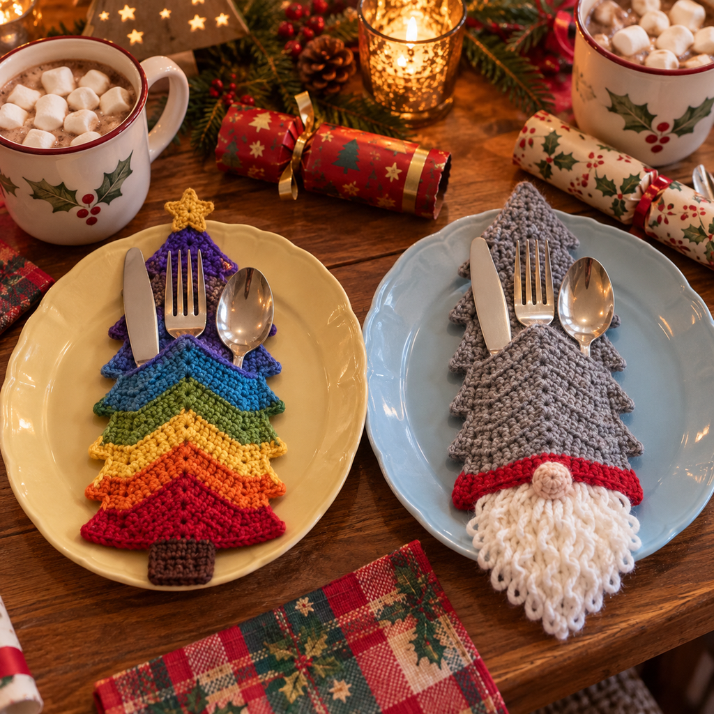 Rainbow Tree and grey gnome crochet cutlery holders on yellow and blue plates beside cocoa mugs and Christmas crackers.