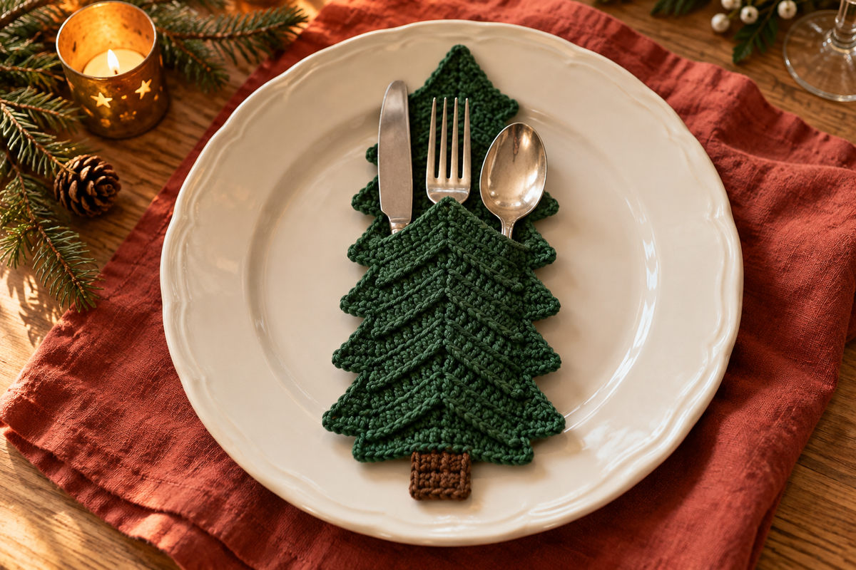 Classic Pine crochet cutlery holder with green panels and a brown trunk, holding a knife, fork and spoon on a Christmas table.