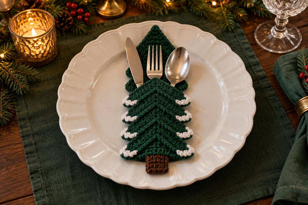 Snowy Pine crochet cutlery holder with green panels with white branch edging, holding a knife, fork and spoon on a Christmas table.