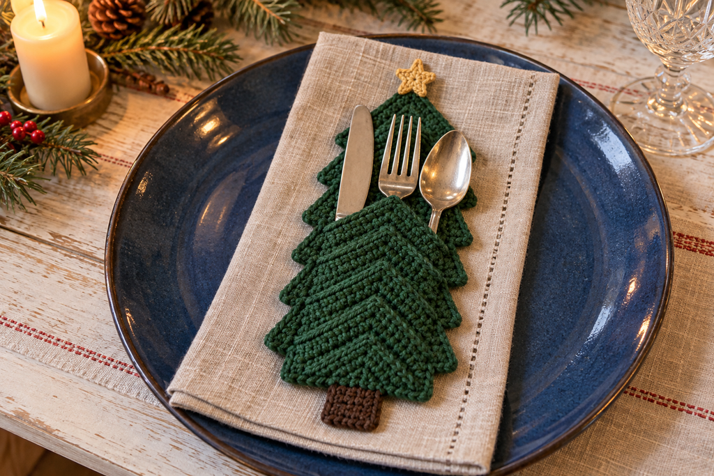 Star Tree crochet cutlery holder with a gold star at the green back tip, holding a knife, fork and spoon on a Christmas table.