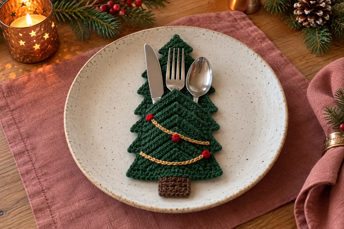 Garland Tree crochet cutlery holder with two gold yarn swags and red berries, holding a knife, fork and spoon on a Christmas table.