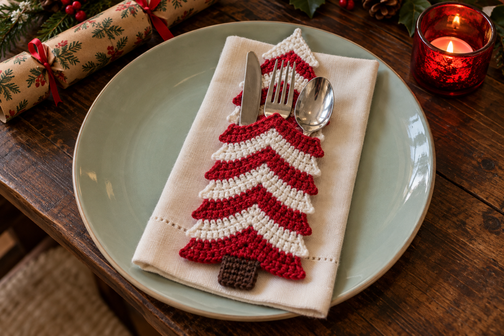 Candy Stripe crochet cutlery holder with alternating red and white tiers, holding a knife, fork and spoon on a Christmas table.