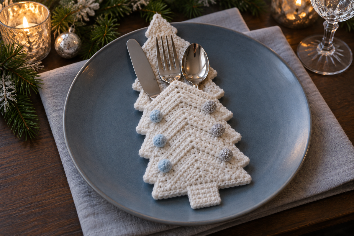 Silver Frost crochet cutlery holder with white panels, pale blue and silver baubles, and a white trunk, holding a knife, fork and spoon on a Christmas table.