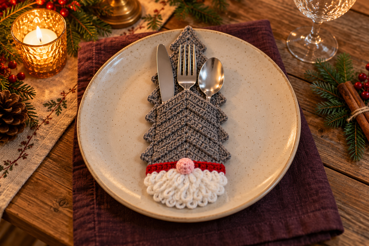 Gnome crochet cutlery holder with a grey tiered body, red brim, white loop beard and pink nose, holding a knife, fork and spoon on a Christmas table.