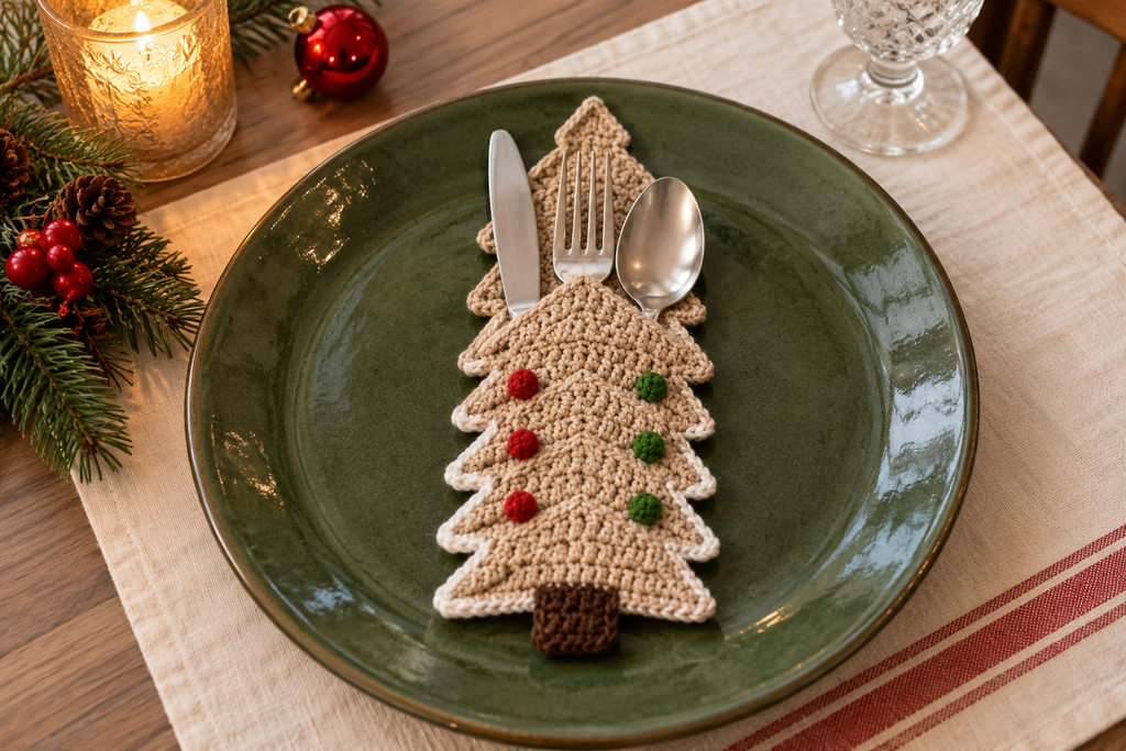 Gingerbread crochet cutlery holder with tan panels, white edging and red and green candies, holding a knife, fork and spoon on a Christmas table.