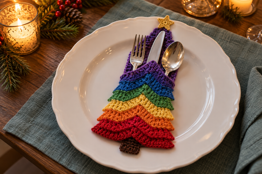 Rainbow Tree crochet cutlery holder with rainbow tiers, purple upper back and a gold star, holding a knife, fork and spoon on a Christmas table.