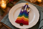Rainbow Tree crochet cutlery holder with rainbow tiers, purple upper back and a gold star, holding a knife, fork and spoon on a Christmas table.