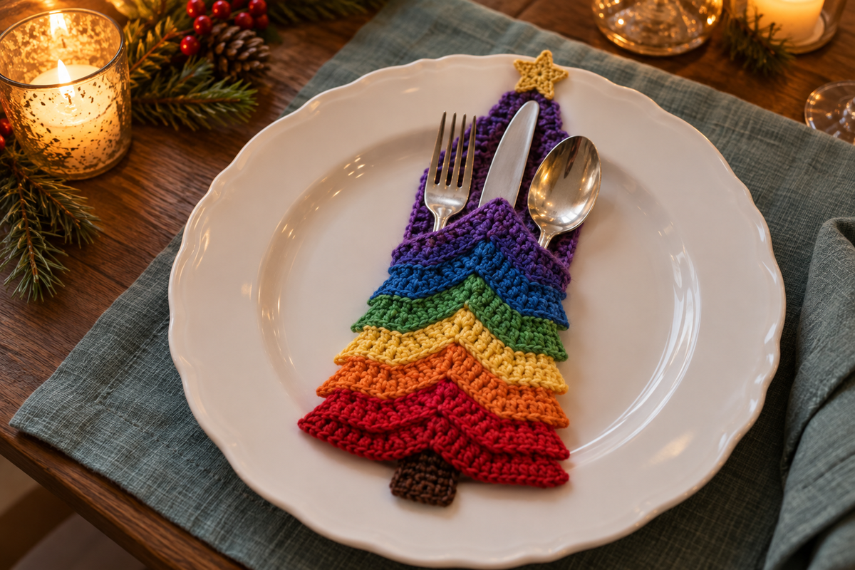 Rainbow Tree crochet cutlery holder with rainbow tiers, purple upper back and a gold star, holding a knife, fork and spoon on a Christmas table.