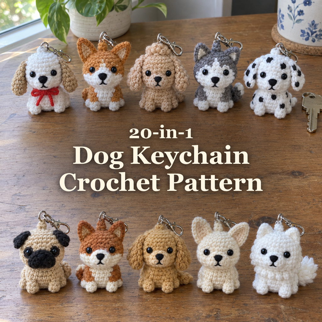 Ten small crocheted dog keychains with silver rings and clasps arranged in two rows on a wooden table, with the title 20-in-1 Dog Keychain Crochet Pattern.