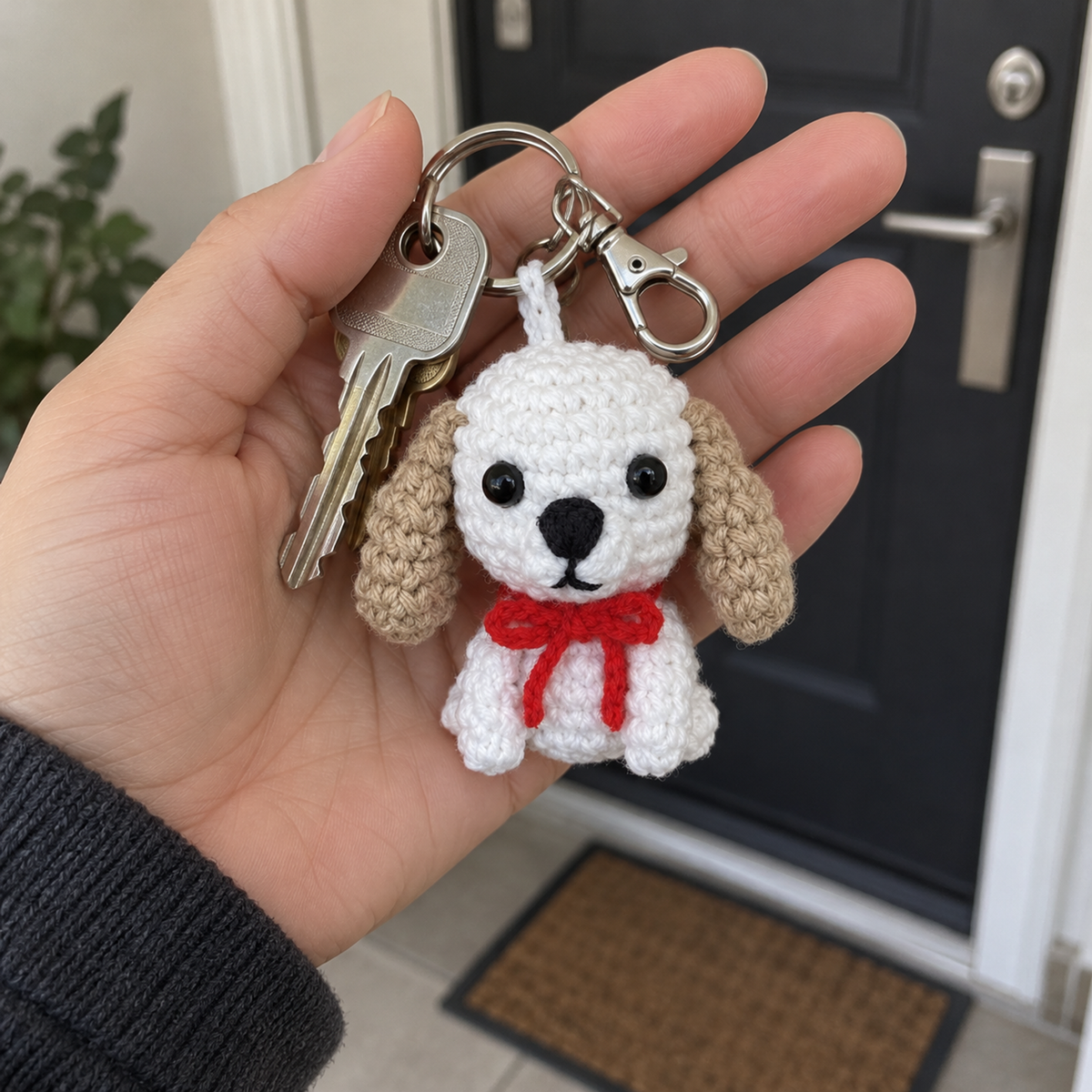 White crochet puppy with tan floppy ears and a red neck bow hanging beside house keys in an adult hand.