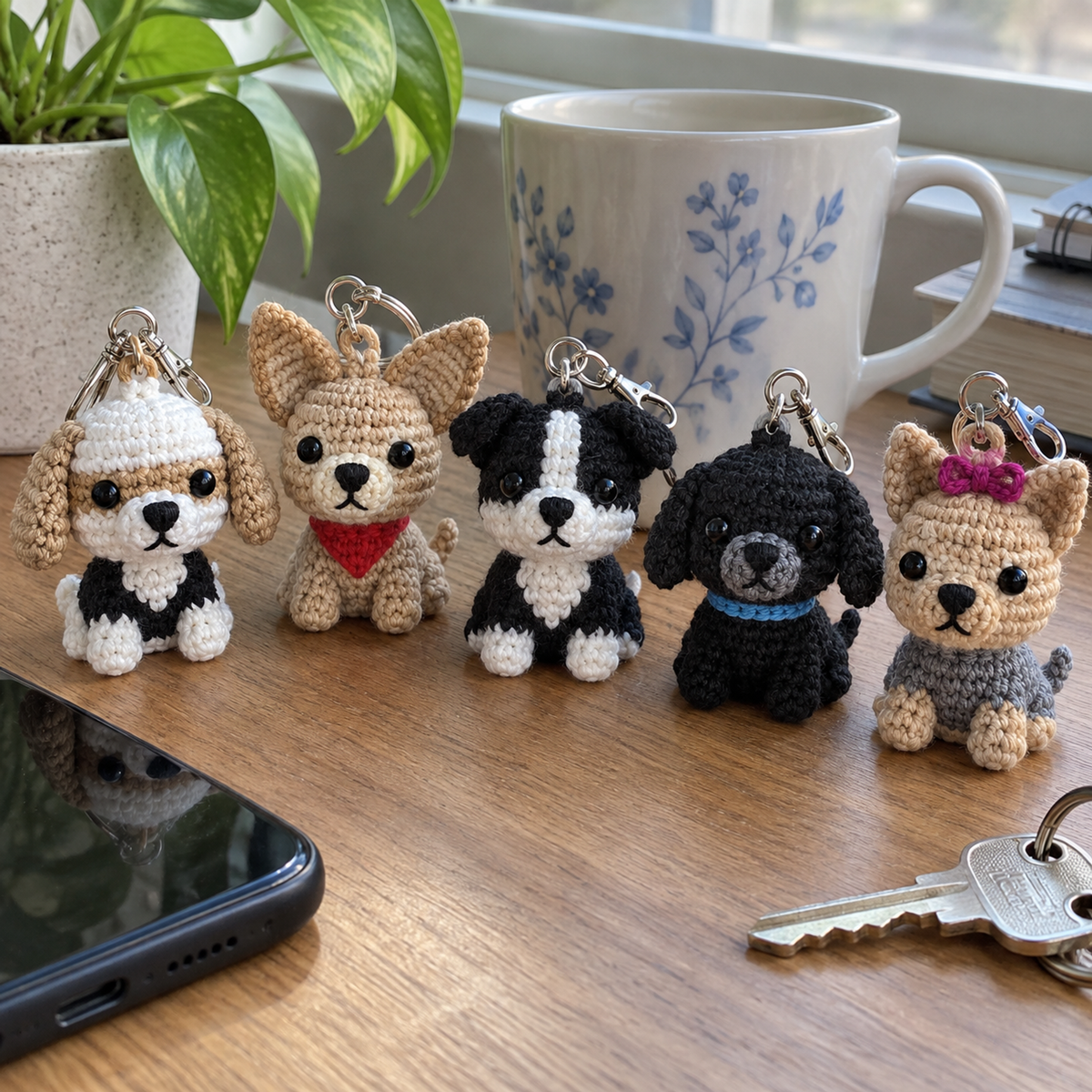 Beagle, chihuahua, border collie, black labrador and Yorkshire terrier crochet keychains beside a mug and phone on a wooden desk.