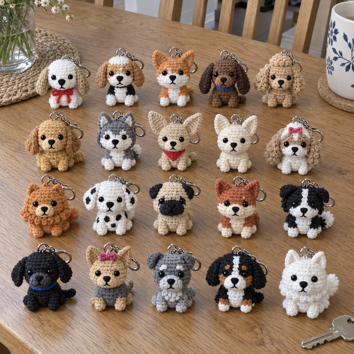 Twenty different small crochet dog keychains with rings and clasps seated together on a wooden dining table.