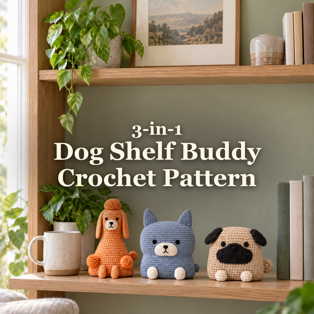 Orange Poodle, slate-blue upright-ear dog and fawn Pug crochet shelf buddies together on an oak bookcase shelf beside a mug, books and houseplants, with the title 3-in-1 Dog Shelf Buddy Crochet Pattern.