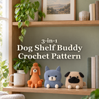Orange Poodle, slate-blue upright-ear dog and fawn Pug crochet shelf buddies together on an oak bookcase shelf beside a mug, books and houseplants, with the title 3-in-1 Dog Shelf Buddy Crochet Pattern.