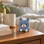 Slate-blue crochet dog with pointed ears, a cream muzzle and two cream paws standing beside a mug and books on a wooden bedside shelf.