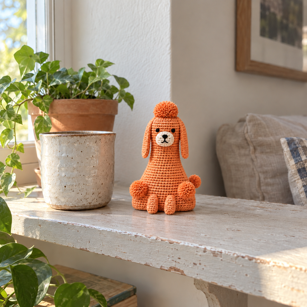Orange crochet Poodle with floppy ears, a cream muzzle and orange pom-poms standing beside a stoneware cup and a houseplant on a worn painted shelf.