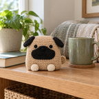 Fawn crochet Pug with dark floppy ears and muzzle, cream paws and a curled side tail standing beside a green mug on an oak shelf.
