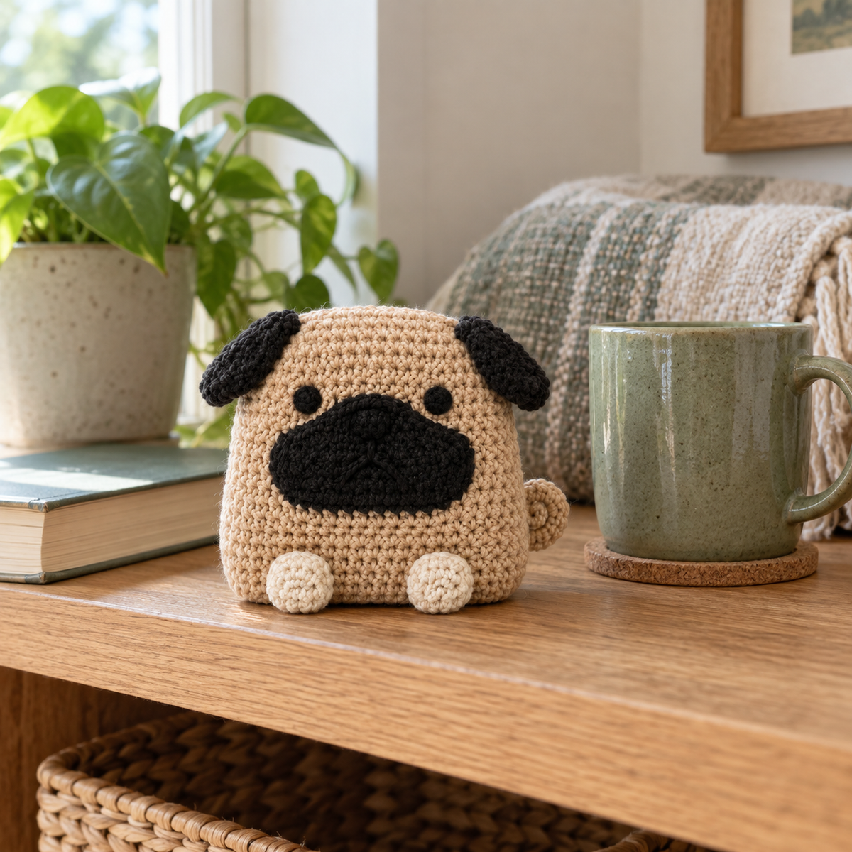 Fawn crochet Pug with dark floppy ears and muzzle, cream paws and a curled side tail standing beside a green mug on an oak shelf.
