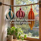 Teal and ivory Classic Droplet, rose and burgundy Round Bauble, and orange and mustard Tall Lantern hang together from a branch by a living-room window, with the three-line crochet pattern title across the centre.