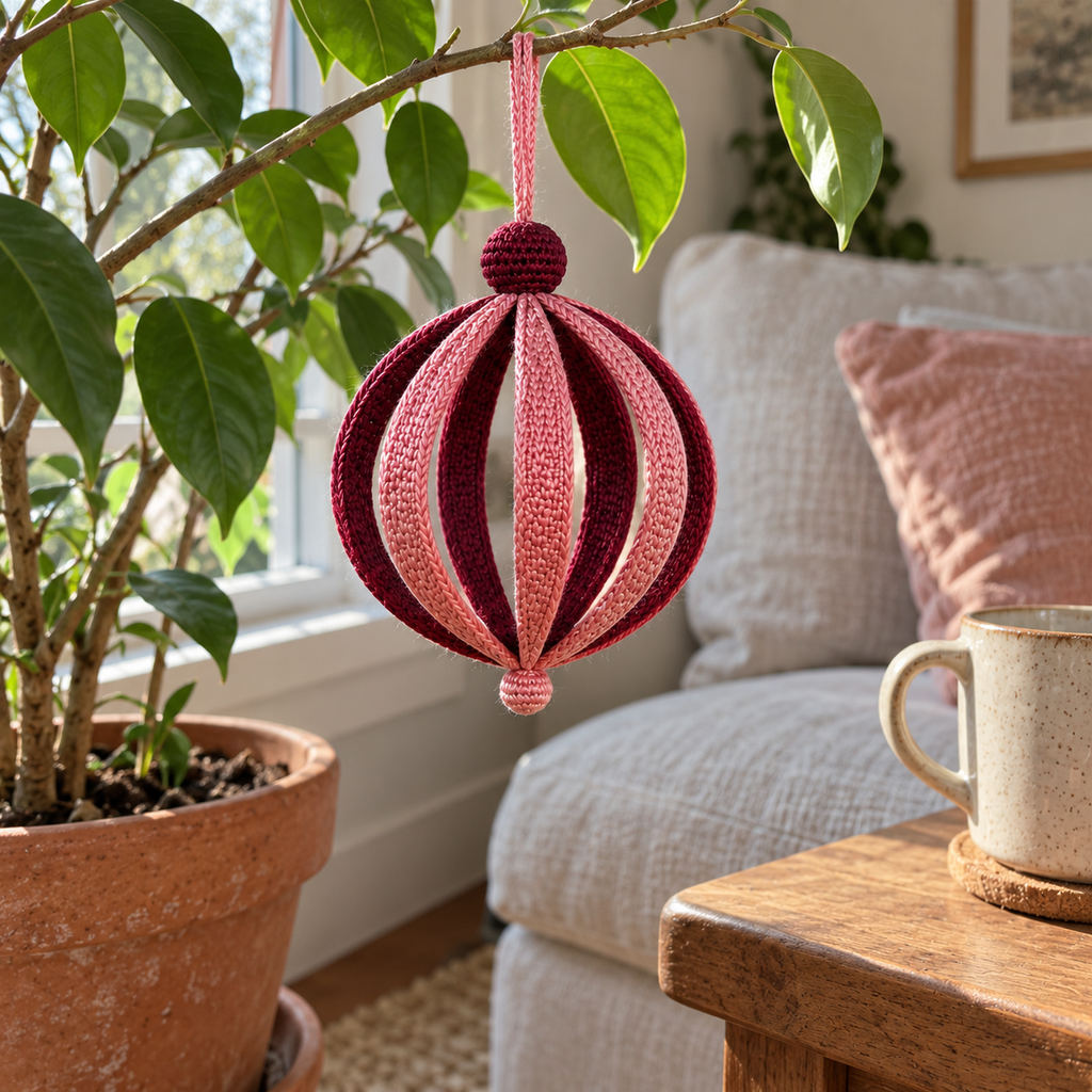 A rose and burgundy Round Bauble hangs from a houseplant branch beside a window and sofa, near a wooden side table and mug.