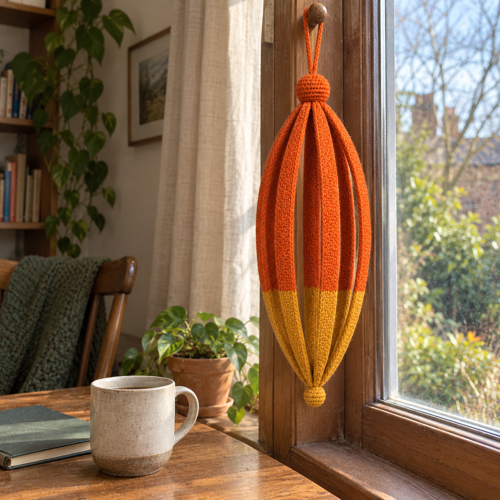 An orange and mustard Tall Lantern hangs from a peg on a wooden study-window frame above a desk with a mug, notebook and plant.