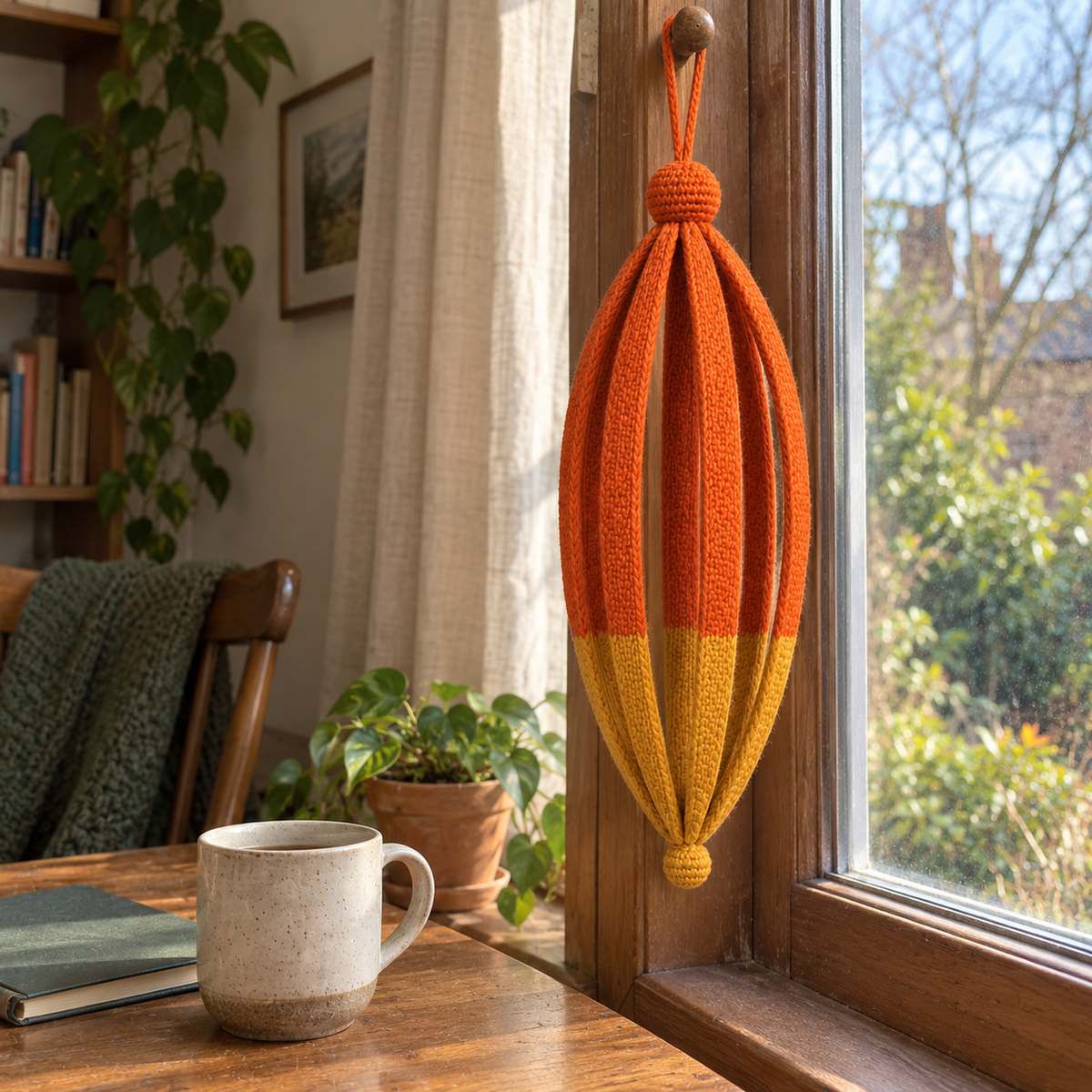 An orange and mustard Tall Lantern hangs from a peg on a wooden study-window frame above a desk with a mug, notebook and plant.