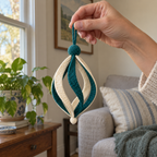 An adult hand holds the teal yarn loop of a finished teal and ivory Classic Droplet beside a window and sofa.
