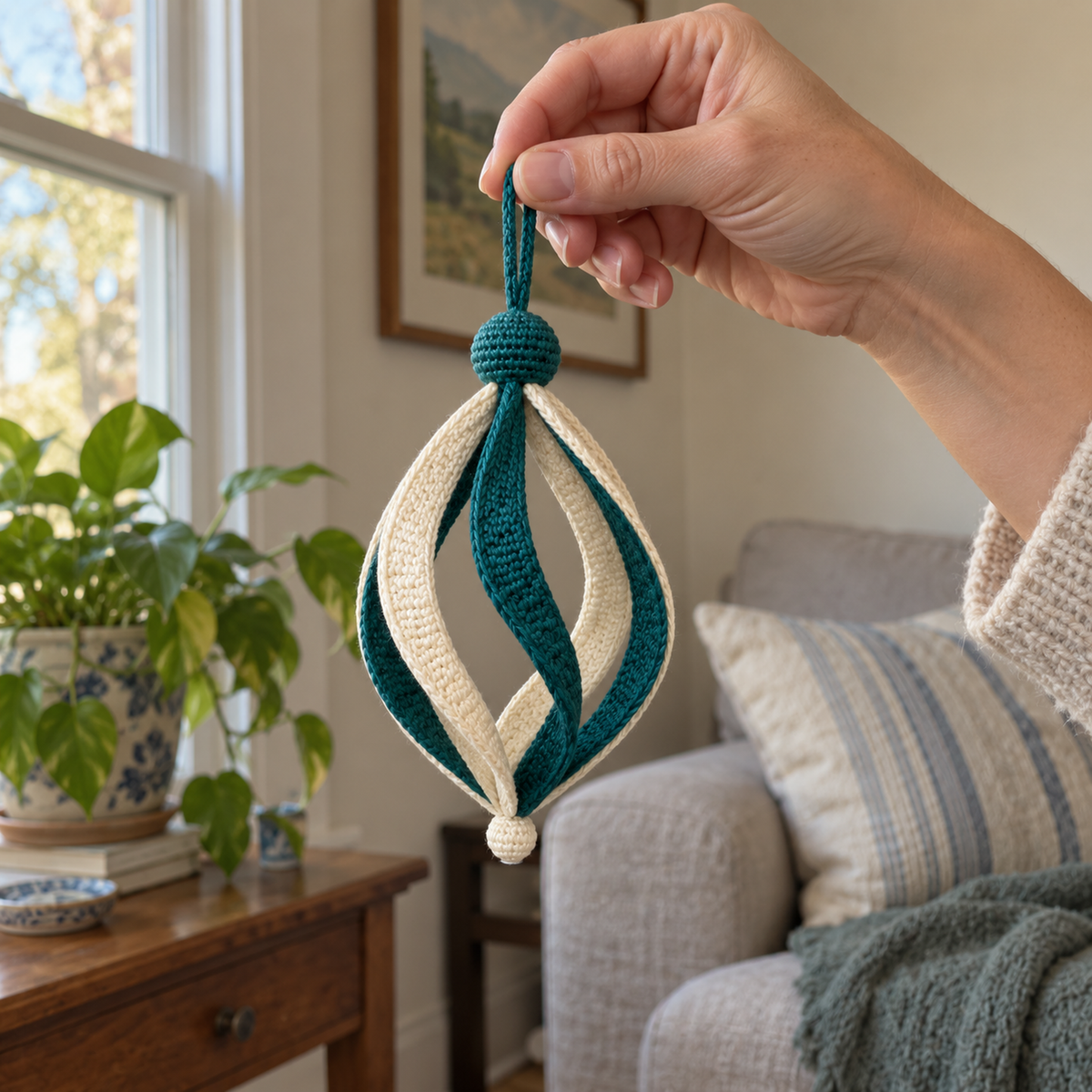 An adult hand holds the teal yarn loop of a finished teal and ivory Classic Droplet beside a window and sofa.