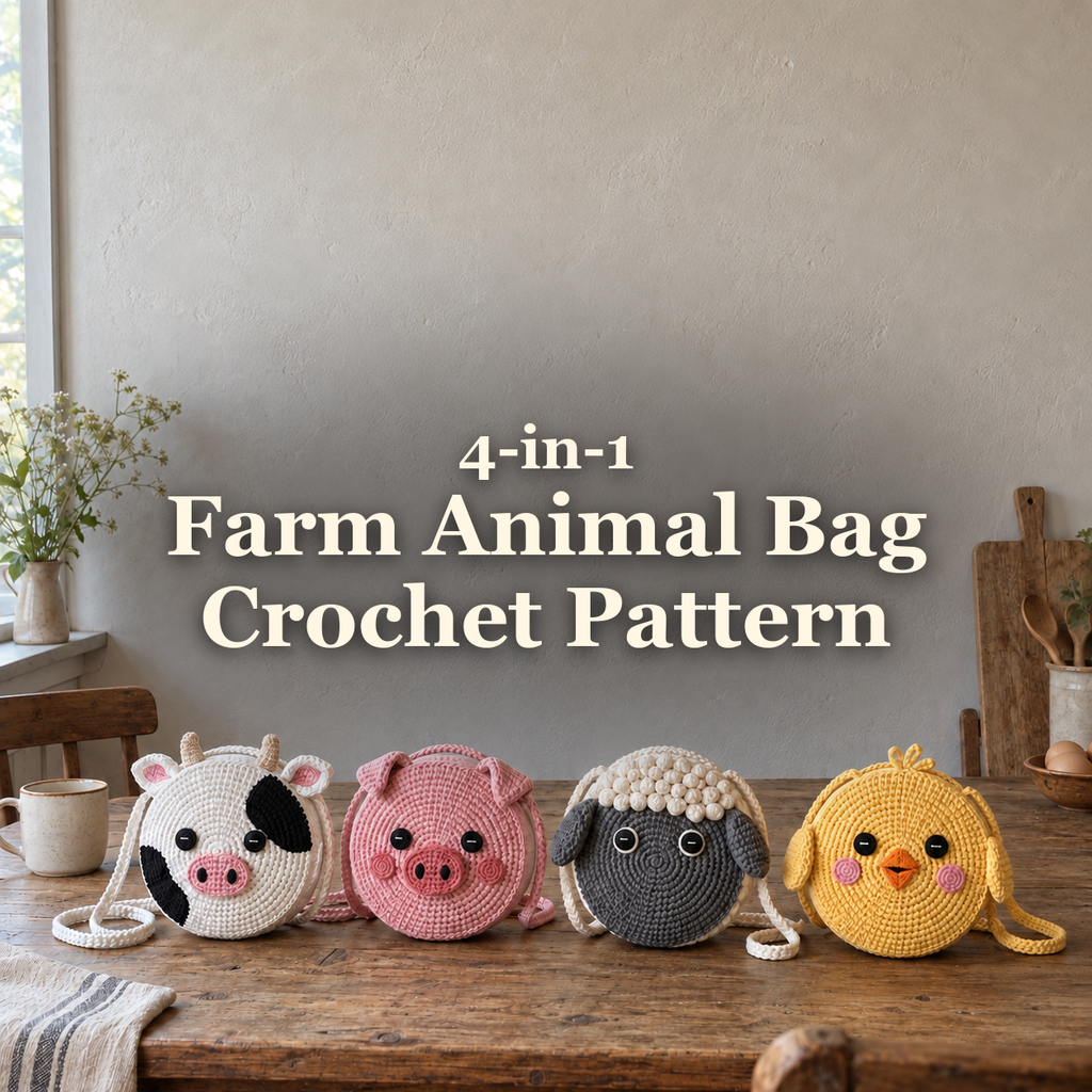 Four round Cow, Pig, Sheep and Chick crochet crossbody bags standing upright on a wooden farmhouse table, with the pattern title above.