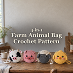 Four round Cow, Pig, Sheep and Chick crochet crossbody bags standing upright on a wooden farmhouse table, with the pattern title above.