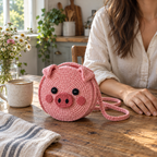 A pink round Pig crochet bag with folded ears and a darker pink snout standing on a kitchen table beside a mug, flowers and an adult hand.