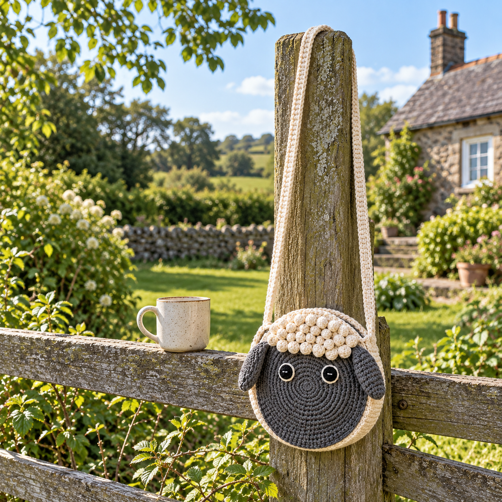 A charcoal and cream round Sheep crochet bag with bobble fleece and drooping ears hanging from its cream strap on a wooden fence post beside a mug.