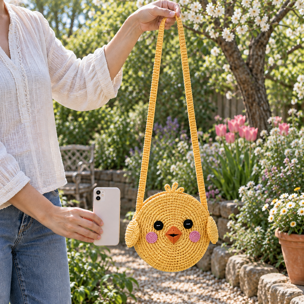 A yellow round Chick crochet bag with an orange beak, pink cheeks and a looped tuft held by its strap in a spring garden, with a phone in the other hand.