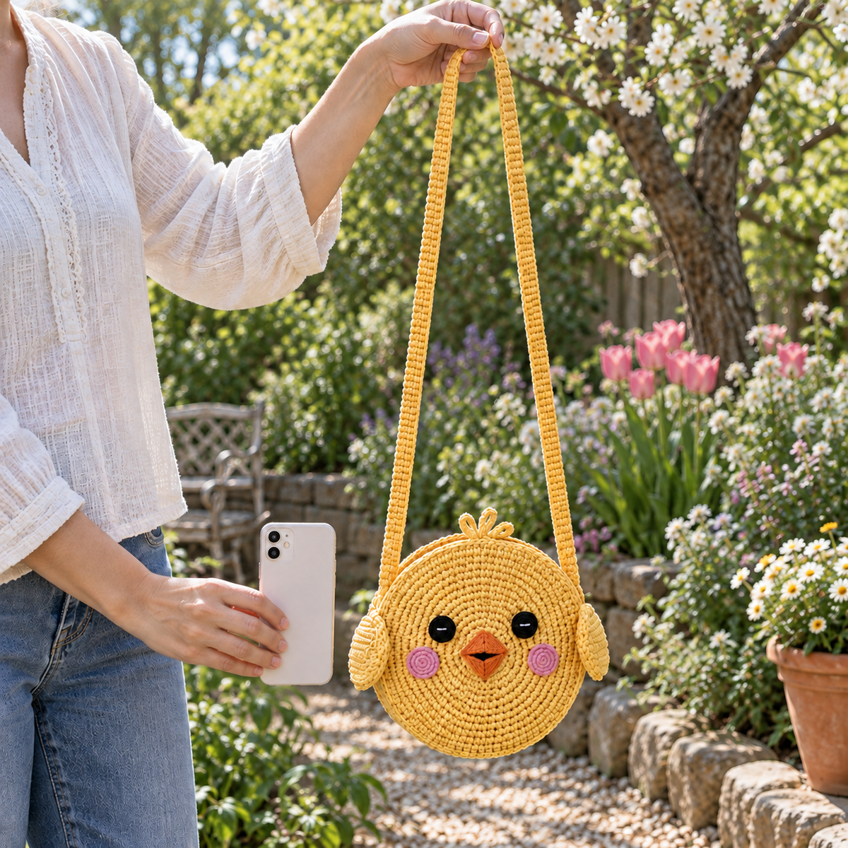 A yellow round Chick crochet bag with an orange beak, pink cheeks and a looped tuft held by its strap in a spring garden, with a phone in the other hand.