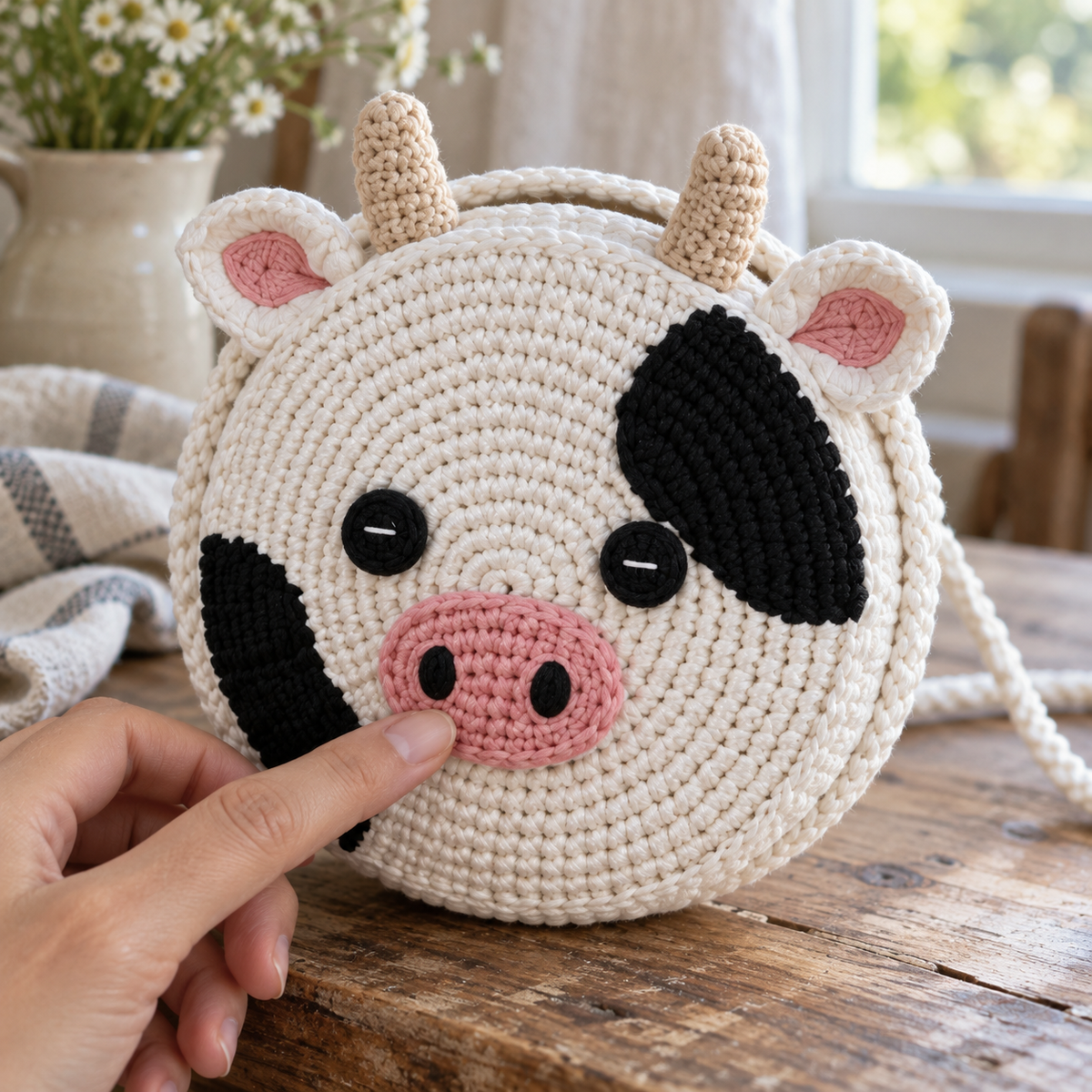 An adult fingertip touching the pink crochet muzzle of a round white Cow bag, with black crochet eyes, patches and concentric stitches visible.