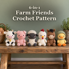 6-in-1 Farm Friends Crochet Pattern title above six crochet farm animals on a wooden bench.