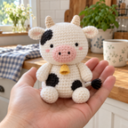 An adult hand holds a white and black crochet cow with a pink muzzle, cream horns and yellow bell in a farmhouse kitchen.