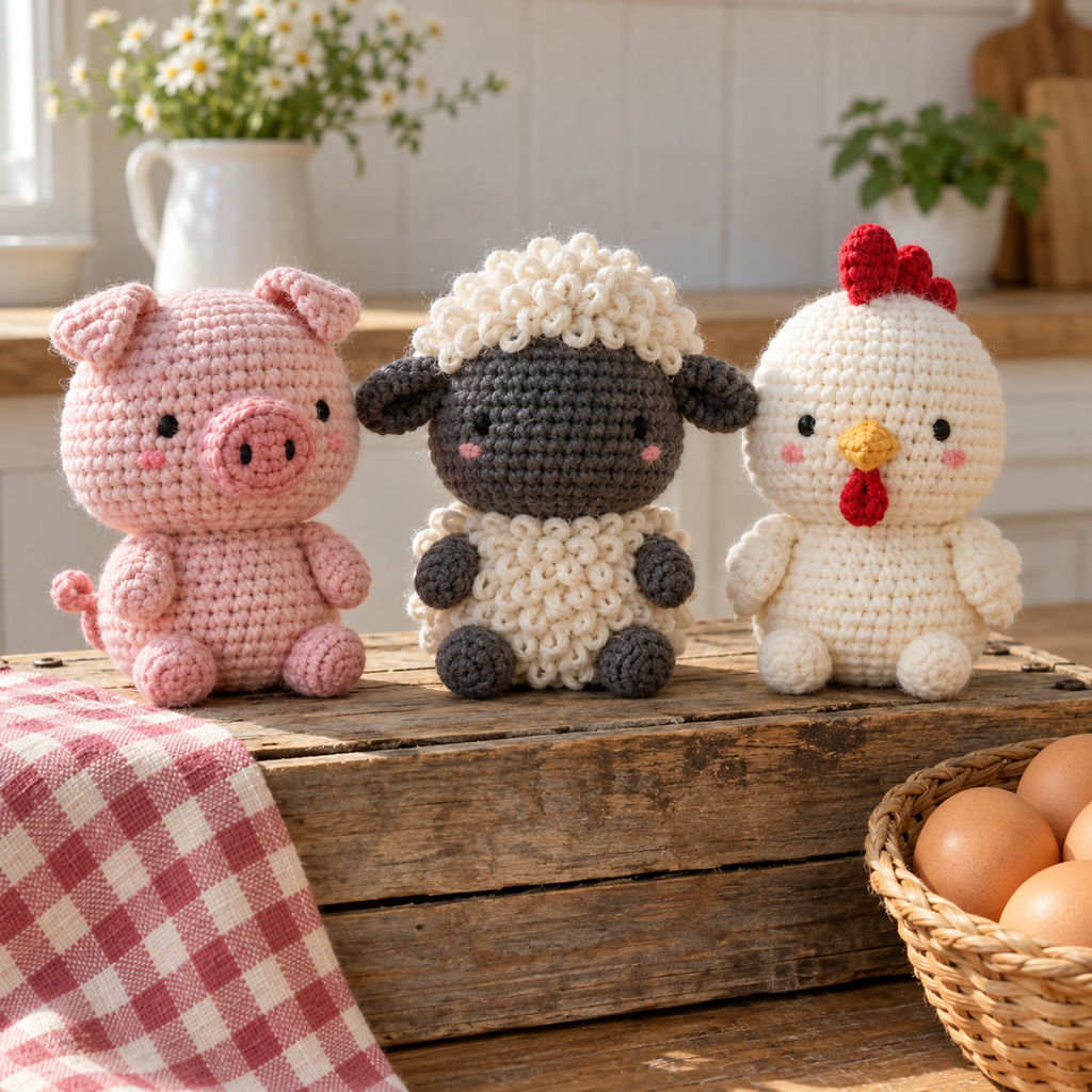 A pink crochet pig, cream and charcoal sheep, and white chicken sit on a wooden crate beside a basket of brown eggs.