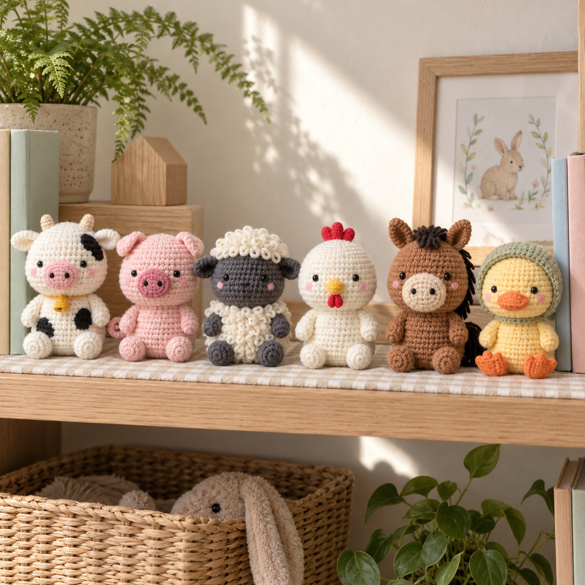 Six crochet farm animals sit among picture books on a wooden nursery bookshelf.