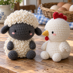 An angled close view shows the sheep's cream yarn loops beside the chicken's red comb, yellow beak and white crochet stitches.