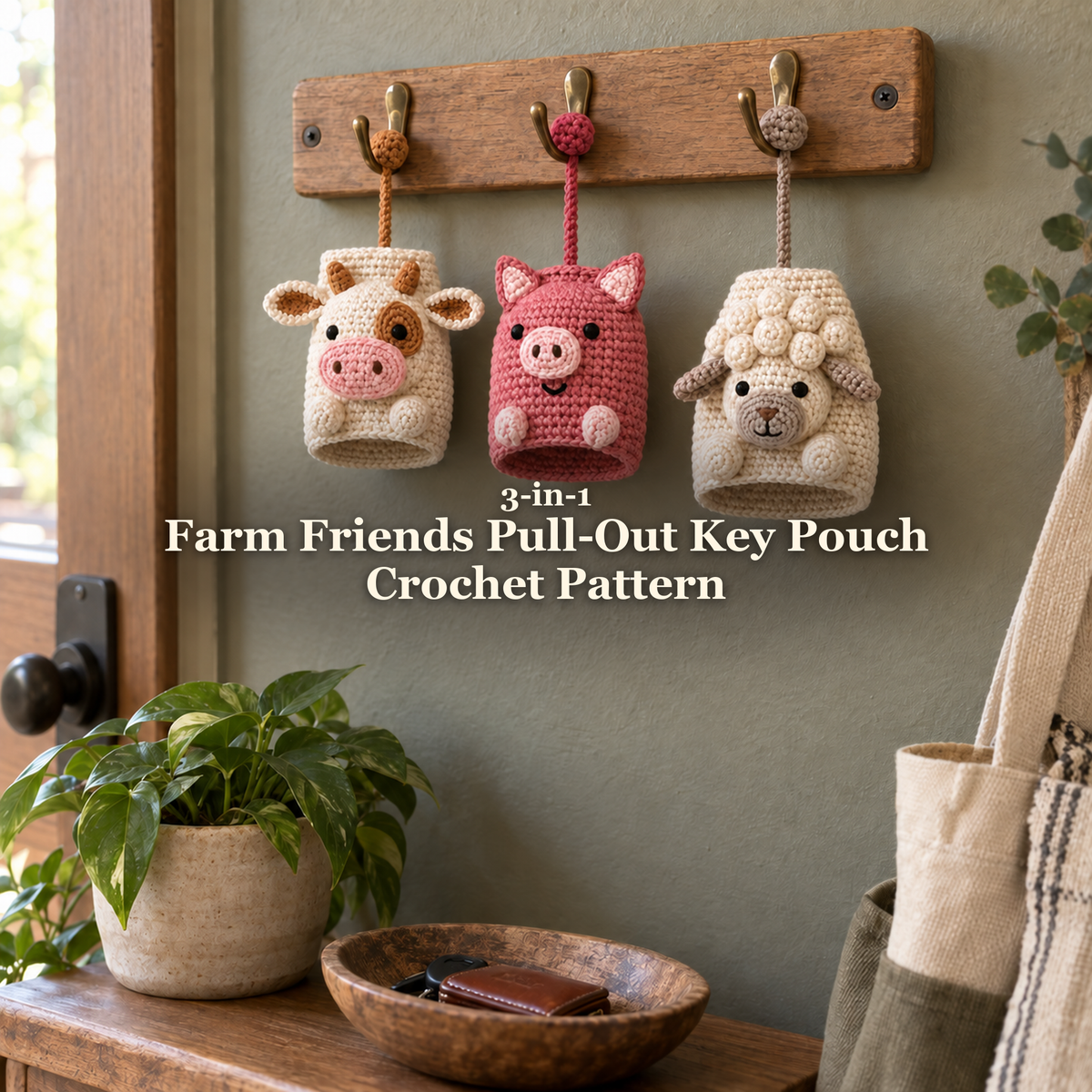 Cream cow, rosy pig and ivory lamb crochet key pouches hanging from a wooden key rack beside an entryway tote, with the Farm Friends crochet pattern title.