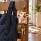 Cream cow crochet key pouch with a pink muzzle and caramel details hanging beside a navy tote, with two house keys extended below.